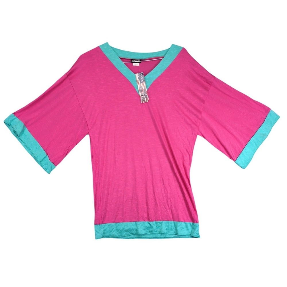 NWT Ingear Pink Aqua Swimwear Cover Up Womens M Colorblock Slub 3/4 Sleeve USA